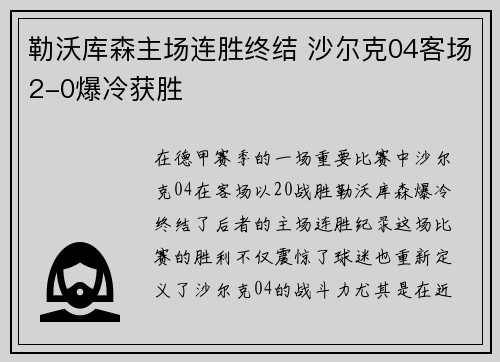 勒沃库森主场连胜终结 沙尔克04客场2-0爆冷获胜