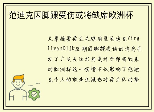 范迪克因脚踝受伤或将缺席欧洲杯