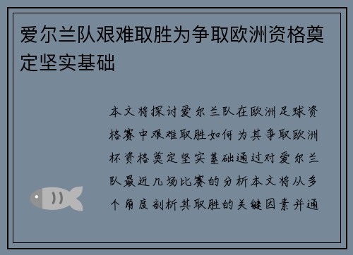爱尔兰队艰难取胜为争取欧洲资格奠定坚实基础