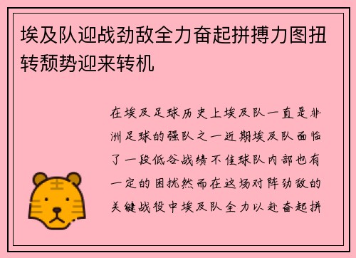 埃及队迎战劲敌全力奋起拼搏力图扭转颓势迎来转机